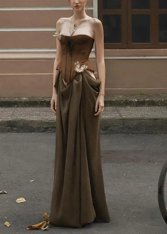 Novelty Brown Patchwork Cold Shoulder Vacation Maxi Dresses Summer