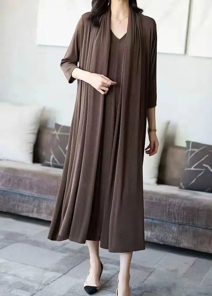 Coffee V Neck Patchwork False Two Pieces Silk Long Dress Spring