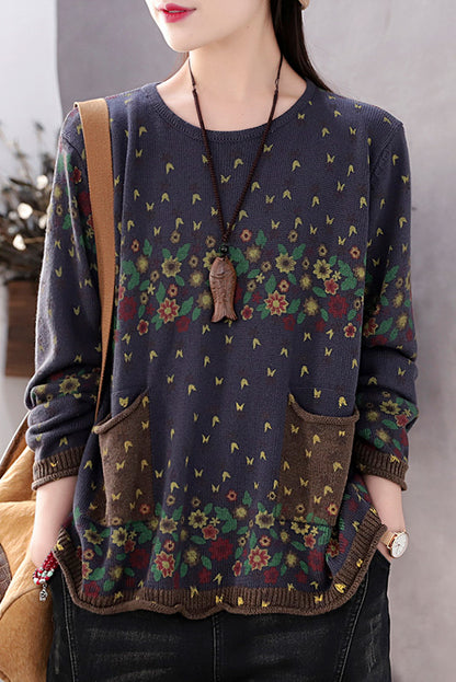 Fall Print Sweater Loose Round Neck Sweater