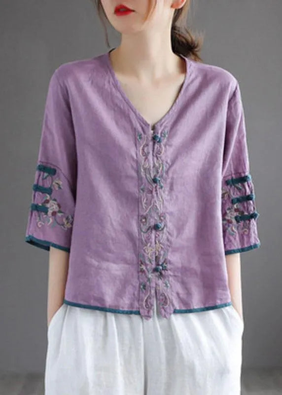 Diy White Button Embroidered Summer Linen Half Sleeve Shirt Top