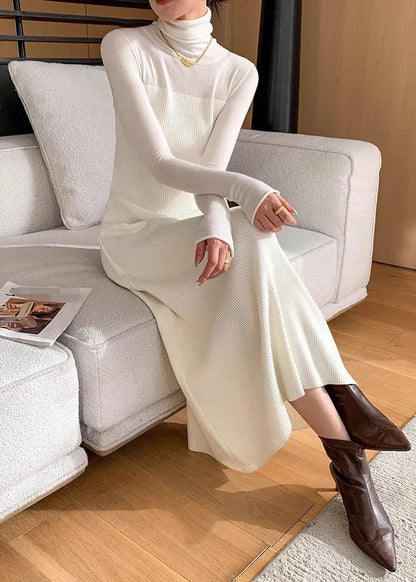 Slim Fit White Turtleneck Knit Long Dress Winter