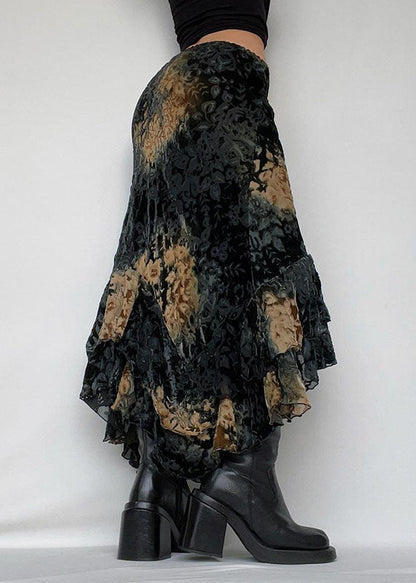 Black Asymmetrical Print Ruffled Patchwork Silk Velour Skirt