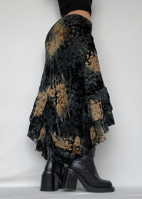 Black Asymmetrical Print Ruffled Patchwork Silk Velour Skirt