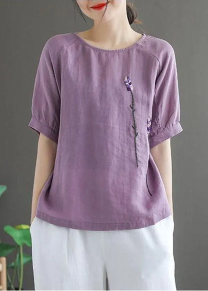 Purple Embroidered Linen Tops O-neck Short Sleeve
