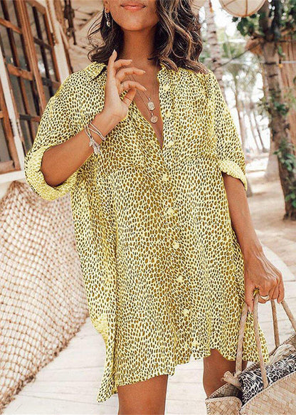 Khaki Peter Pan Collar Leopard Print Cotton Shirts Dresses Long Sleeve