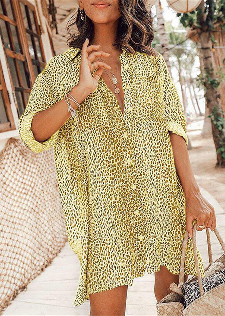 Khaki Peter Pan Collar Leopard Print Cotton Shirts Dresses Long Sleeve