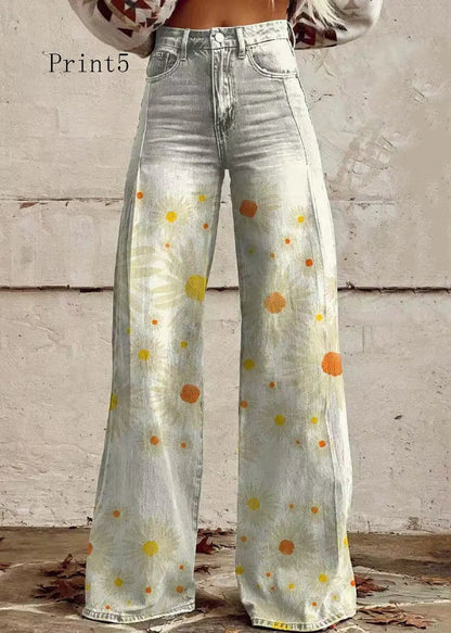 Loose Print High Waist Pockets Denim Pants Spring
