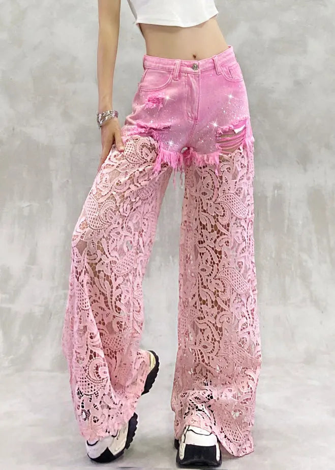 Pink Hollow Out Zircon Lace Patchwork Pants Summer