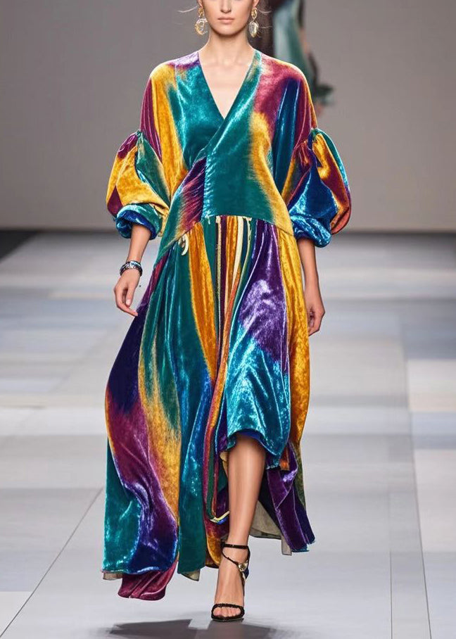 Gradient Color Exra Large Hem Silk Velvet Dress Lantern Sleeve