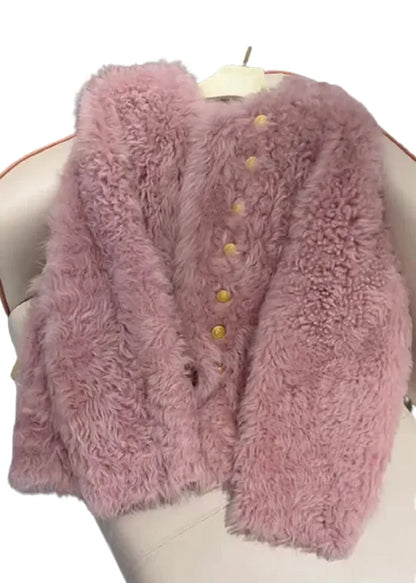 French Pink O-neck Button Faux Fur Coats Spring