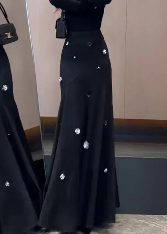 French Black Sequins High Waist Cotton Skirt Spring