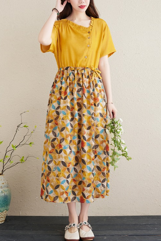 Summer Linen Dress Short Sleeve Panel Dress