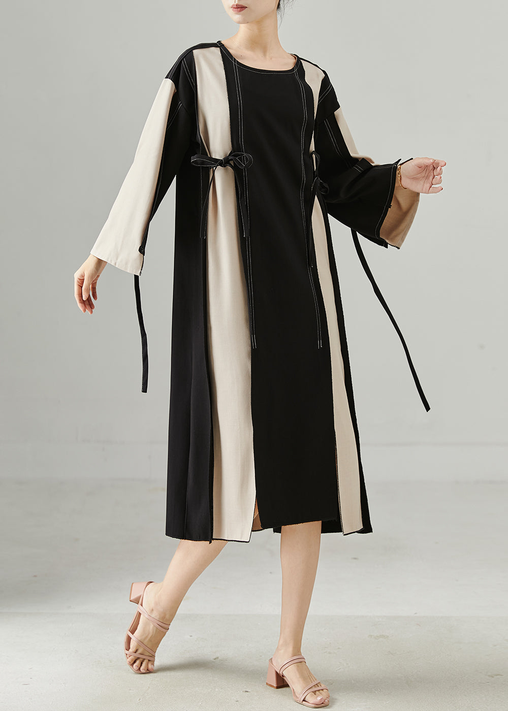 Stylish Colorblock Oversized Patchwork Lace Up Cotton Dress Fall