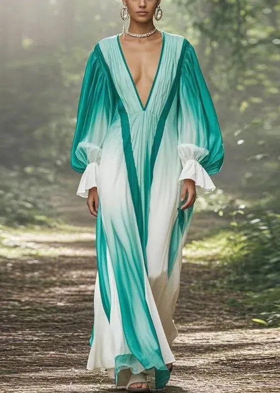 Gradient Color V Neck Original Design Chiffon Long Dresses Flare Sleeve
