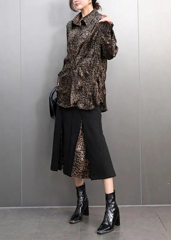 Leopard Peter Pan Collar Button Shirts and Maxi Skirts Two Pieces Set Spring