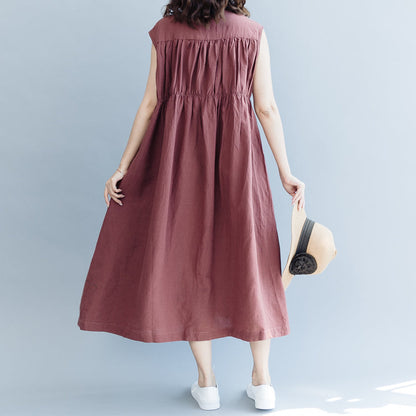 Khaki Cotton Linen Dresses Loose Fitting Cotton Linen Clothing Dress New Sleeveless Cinched V Neck Baggy Dresses