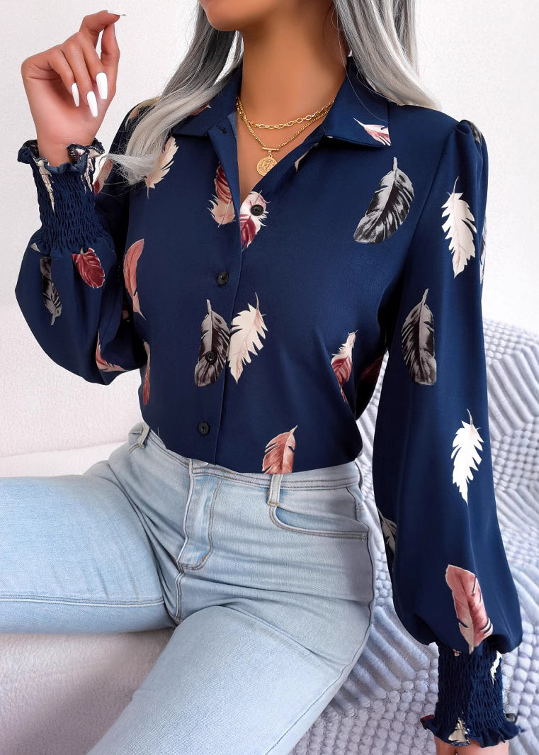French White Peter Pan Collar Feathers Print Chiffon Shirt Spring