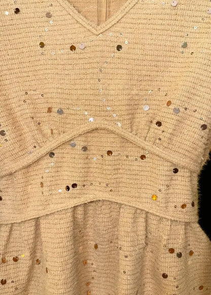 Khaki V Neck Sequins Cotton T Shirts Fall