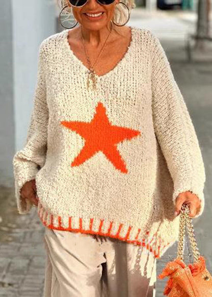 Beige V Neck Hollow Out Knit Sweaters Spring