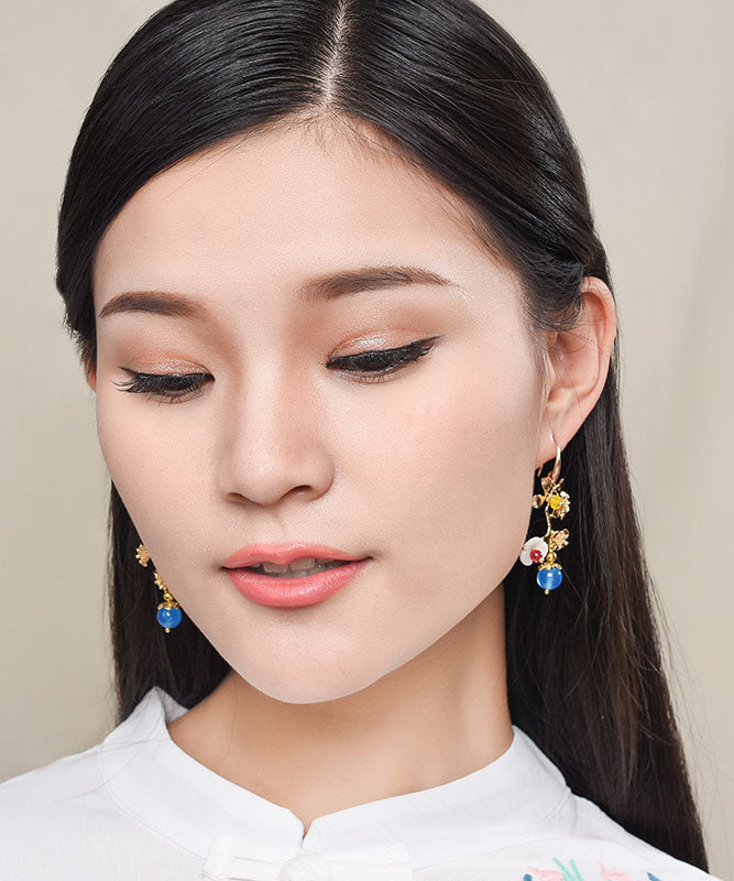 Diy Blue Agate Plum Blossom Branch 14k Gold Stud Earrings