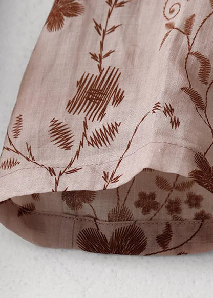 Pink Print Cotton Long Dress V Neck Drawstring Summer