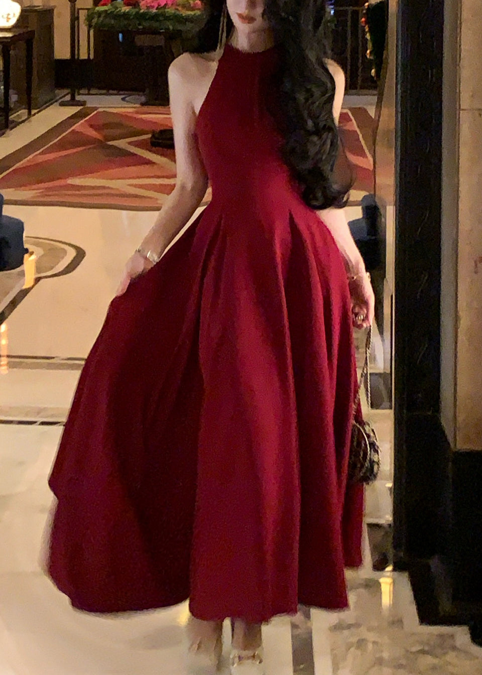 French Wine Red Zippered Cotton Long Dresses Sleeveless