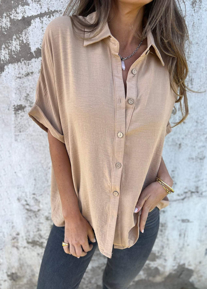 Khaki Peter Pan Collar Button Cotton Top Summer