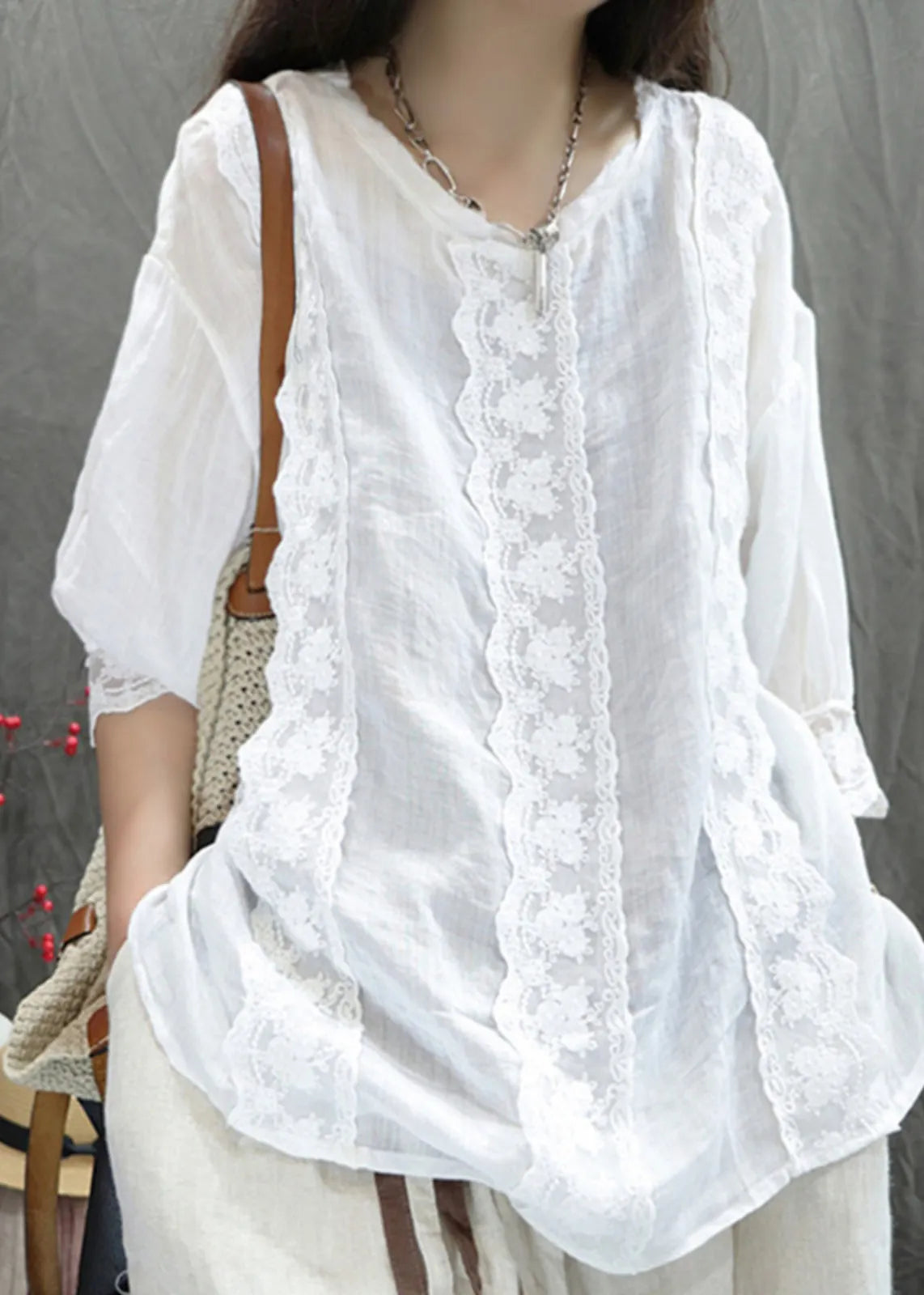 Brief Rose V Neck Ruffled Patchwork Hollow Out Tops Bracelet Sleeve