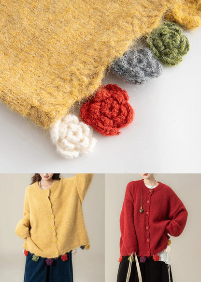 Yellow Button Cozy Knit Coat O Neck Batwing Sleeve