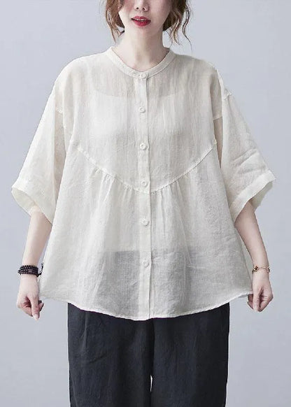 White Stand Collar Button Summer Cotton Linen Blouses