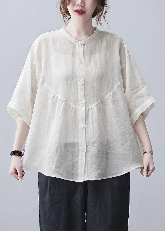 White Stand Collar Button Summer Cotton Linen Blouses