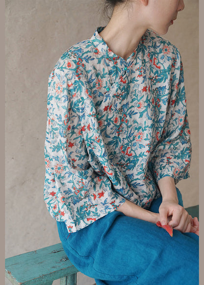 Blue Button Print Linen Shirts Bracelet Sleeve