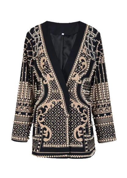 Style Yellow V Neck Print Nail Bead Patchwork Coat Fall