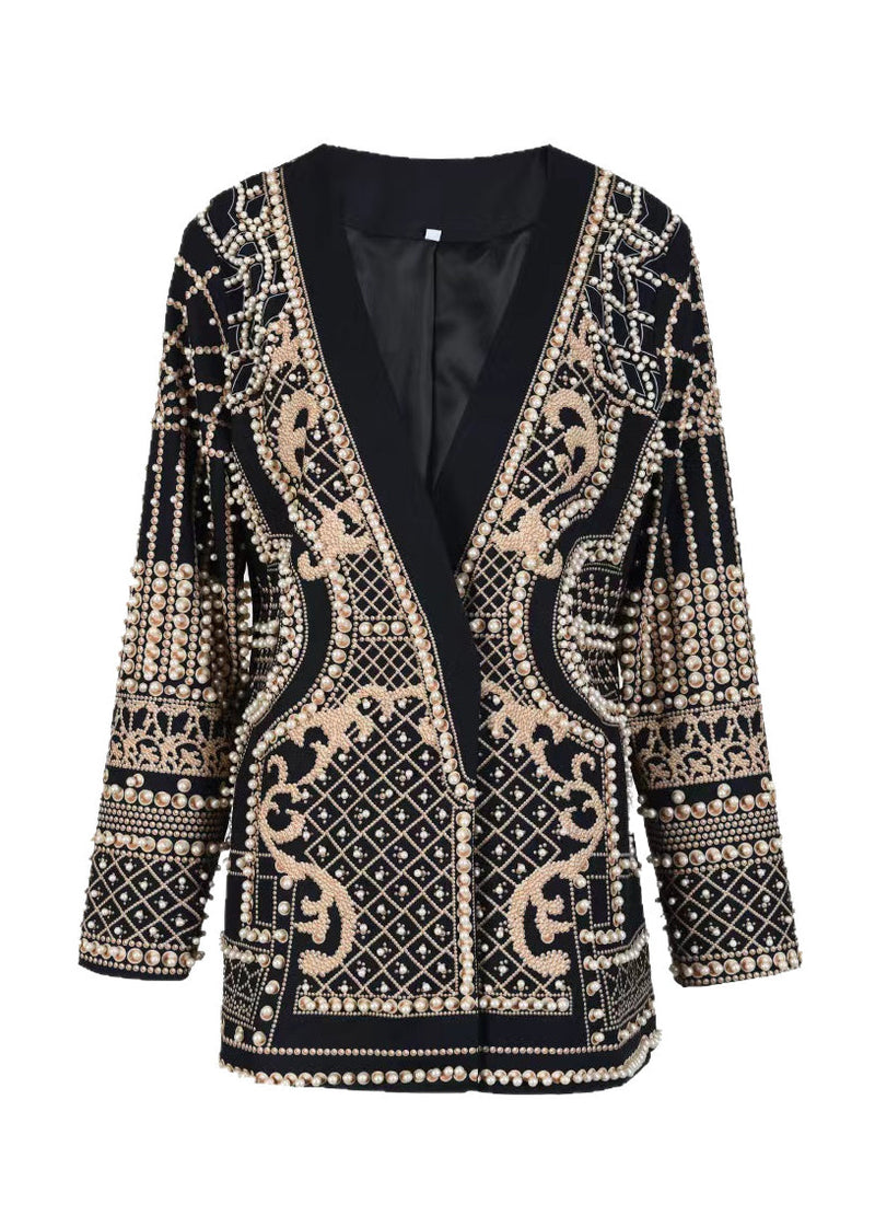 Style Yellow V Neck Print Nail Bead Patchwork Coat Fall