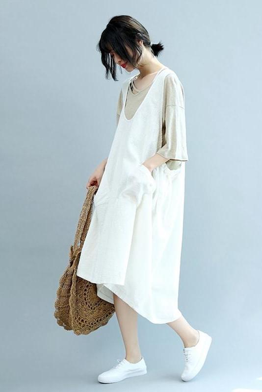 Summer Beige Linen Sleeveless Suspender Dresses