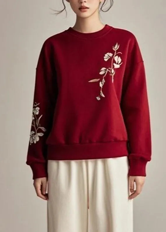 Red Patchwork Print Fall Sweatshirts Top