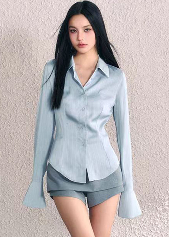 Blue Peter Pan Collar Button Silk Shirt Fall