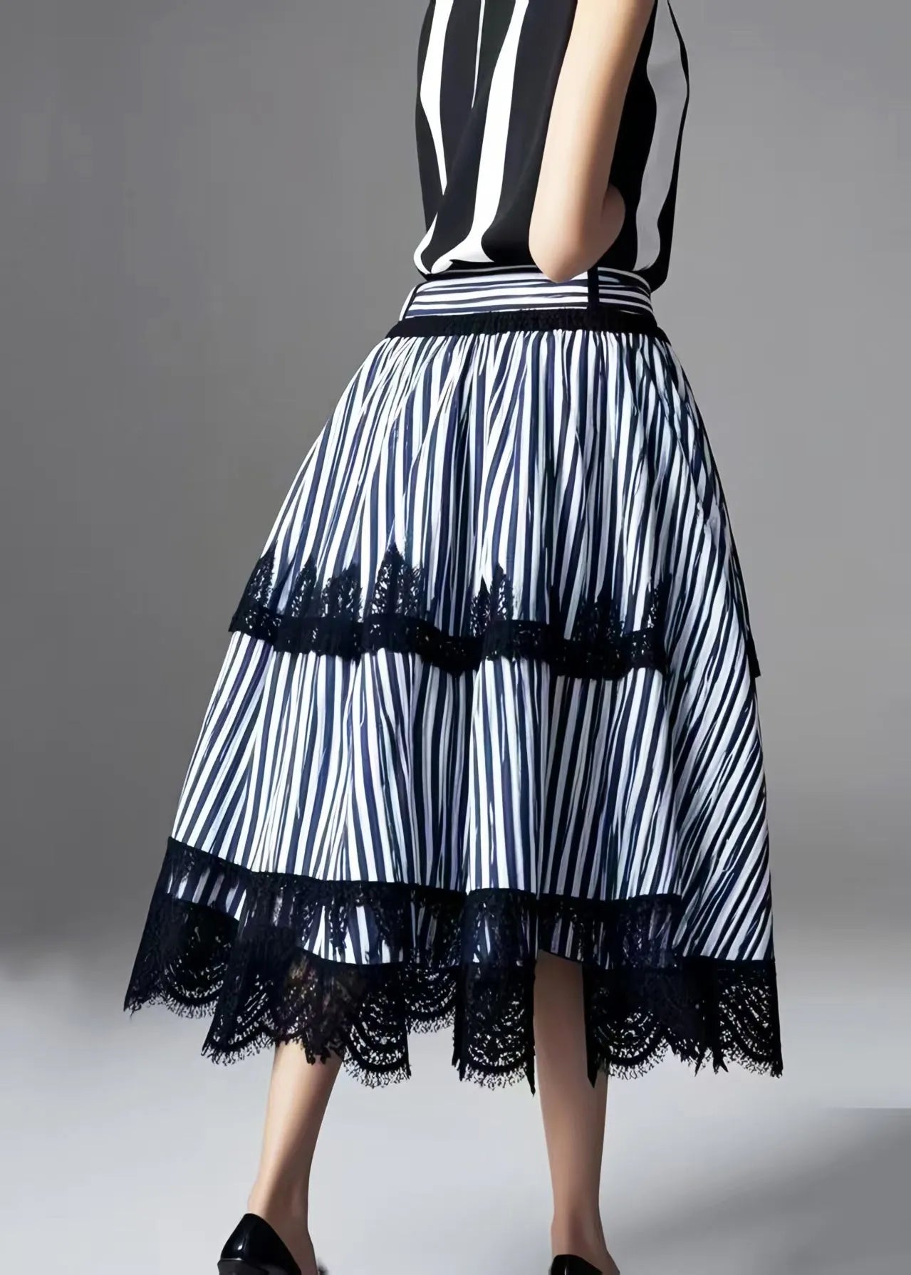 Fine Blue Striped Patchwork Lace Skirts Exra Large Hem Summer
