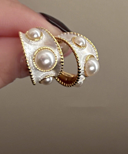 White Sterling Silver Overgild Pearl C Shaped Hoop Earrings