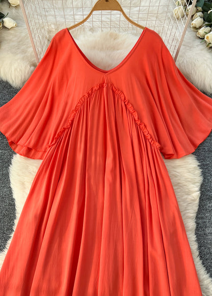 Orange Ruffled Cotton a Line Dresses Batwing Sleeve