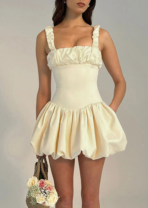 French Yellow Square Collar Wrinkled Mini Dress Summer