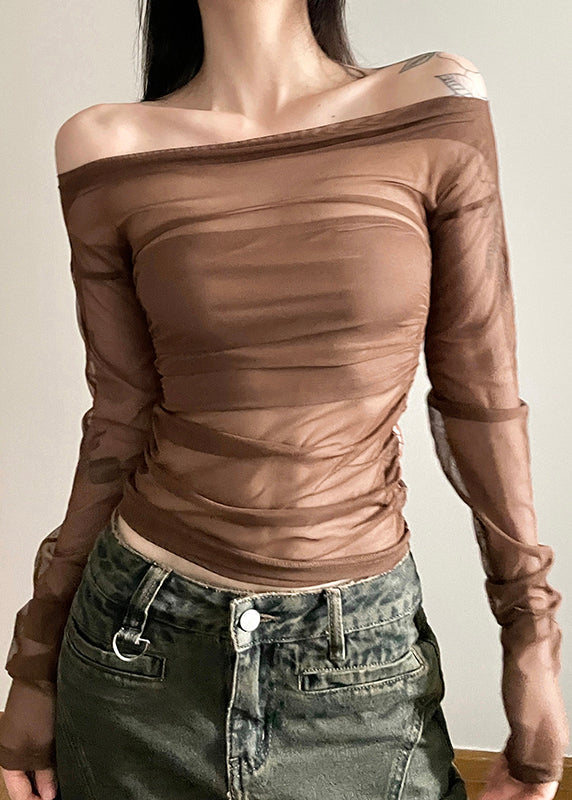 Brown Tulle Hollow One Line Neck Long Sleeved T Shirt Top