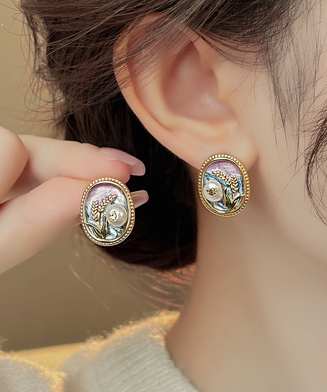 Gold Copper Alloy Pearl Enamel Stud Earrings