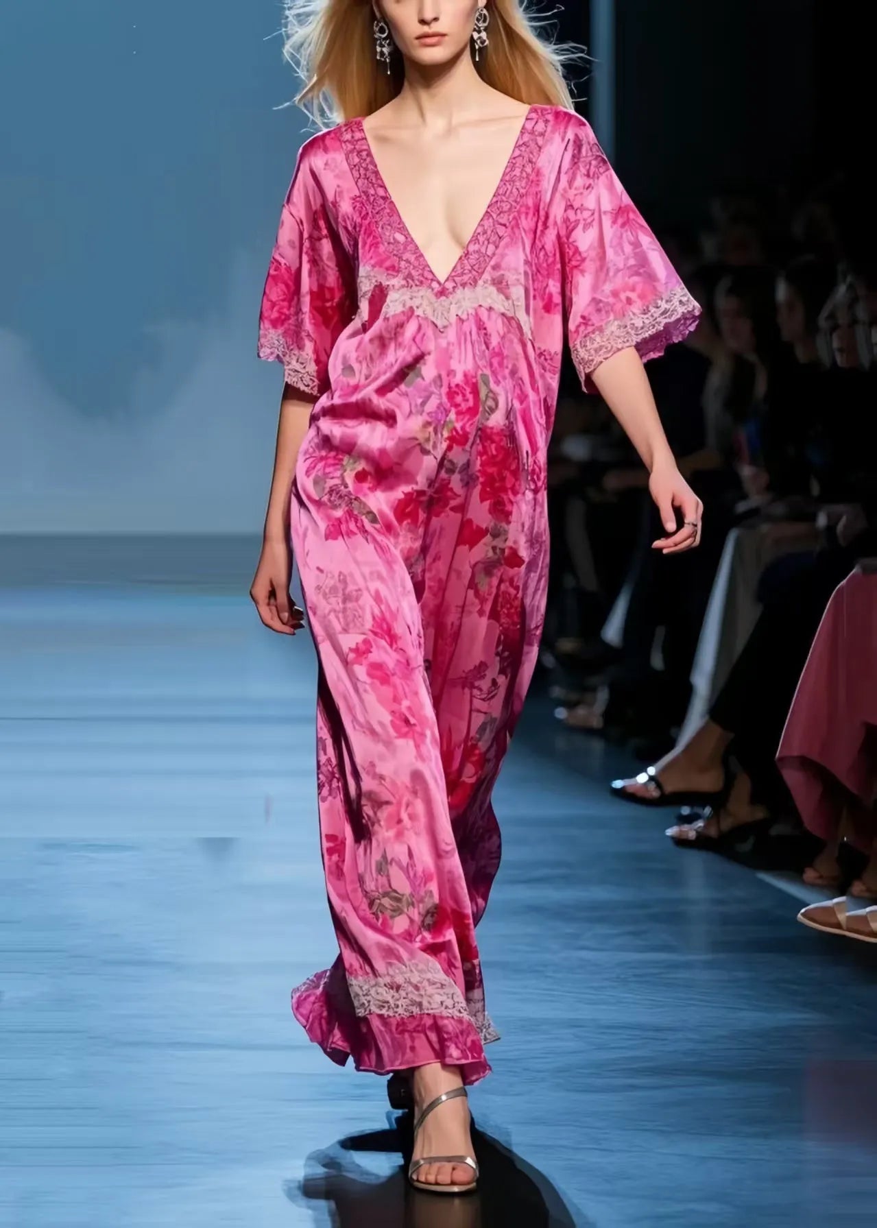 Unique Rose V Neck Patchwork Lace Vacation Dresses Summer