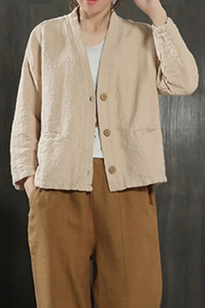 V-neck Cotton & Linen Thin Long-sleeved Jacket
