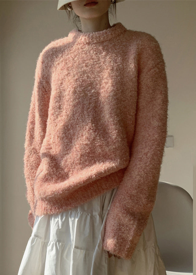 Loose Pink O-neck Fluffy Sweaters Winter