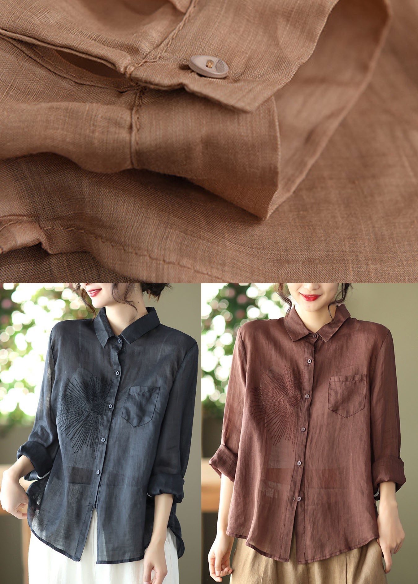 Classy Khaki Embroidered Ramie Top Long Sleeve