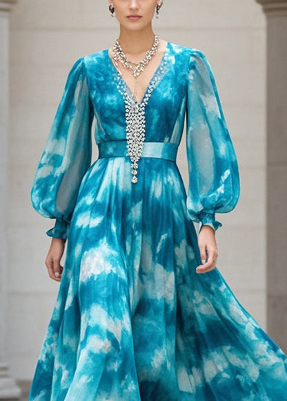 Peacock Blue Cinched Tie Dye Chiffon Ankle Dress Fall