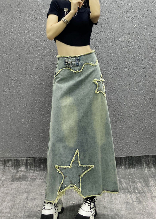 Blue Tasseled Nail Bead High Waist Denim Skirts Fall