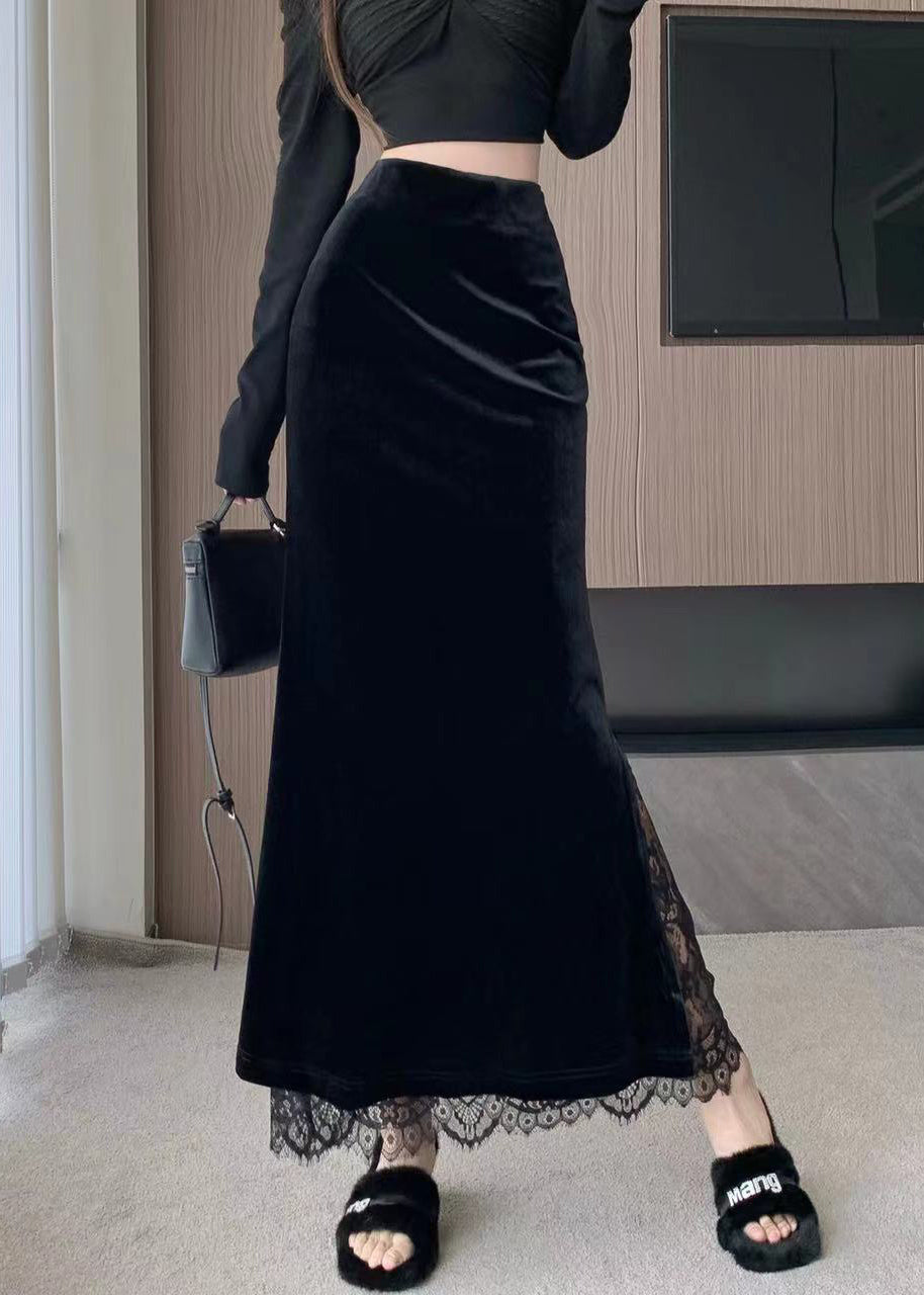 Stylish Black Lace Patchwork Silk Velvet Skirts Spring